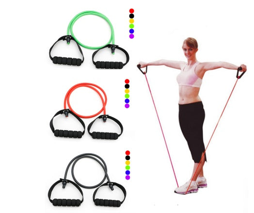 Resistance bands and handles with a woman exercising on a white background
